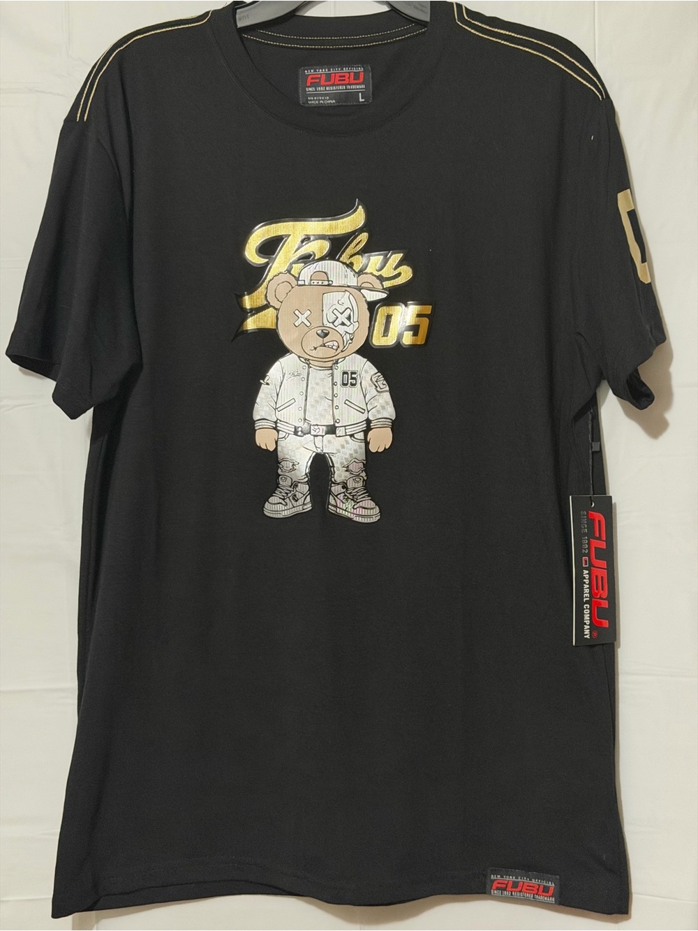 FUBU Black Tee with Gold Script and Bear Graphic